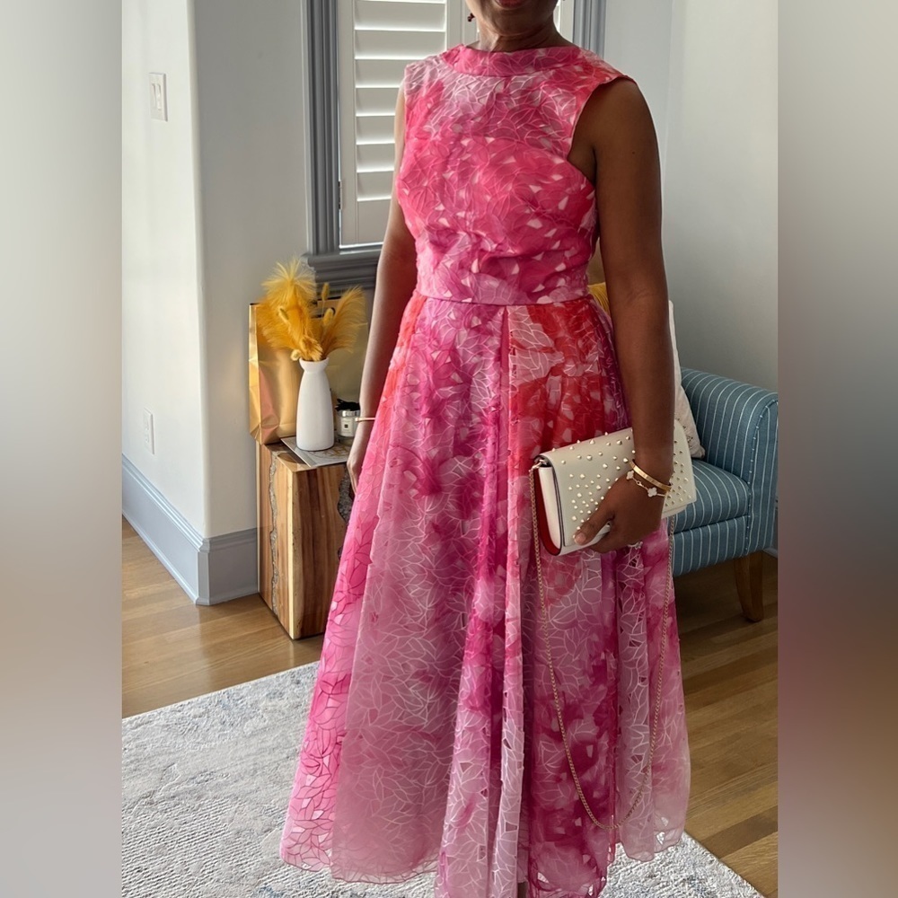 Monique Lhuillier Pink Floral Lace Fit Flare Dress